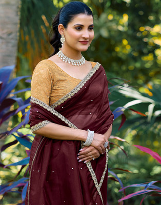 Samah Dyed, Embellished, Self Design Bollywood Net, Lace Saree(Maroon)