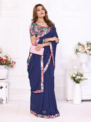 NESHVI ENTERPRISE Solid/Plain Bollywood Georgette Saree(Dark Blue)