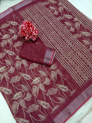 HouseOfCommon Printed Kanjivaram Linen, Cotton Linen Saree(Maroon)