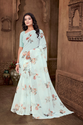 HIYAMI Floral Print Bollywood Georgette Saree(Light Blue)