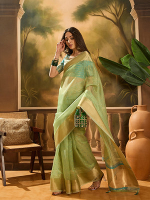 Sangria Self Design Saree with Attached Blouse Organza Saree(Light Green)