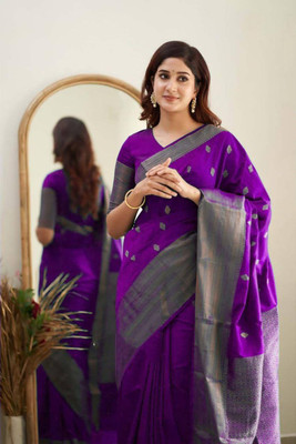 Madhav Creation Woven Banarasi Art Silk Saree(Purple)
