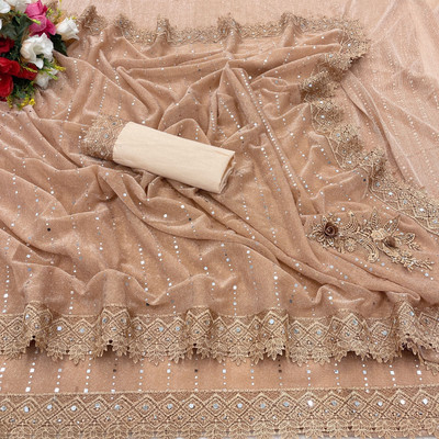 Lighthouse Solid/Plain Bollywood Lycra Blend Saree(Beige)