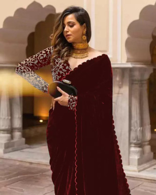JANVI CREATION Self Design, Printed, Embroidered, Solid/Plain Bollywood Velvet Saree(Maroon)