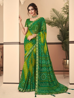 Spacekart Printed Bandhani Georgette Saree(Green)