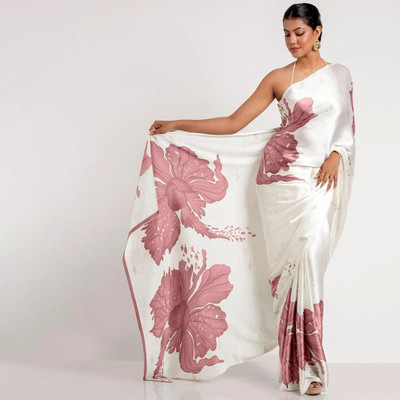 fashionfever Printed Bollywood Crepe, Satin Saree(White, Brown)