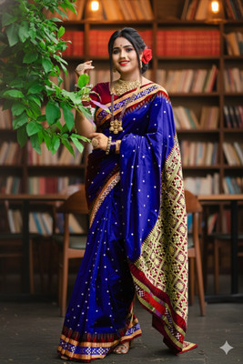 Afronza Temple Border, Woven, Self Design, Striped Sambalpuri Pure Silk, Silk Blend Saree(Dark Blue)