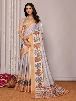 Janasya Printed, Floral Print Chanderi Silk Blend Saree(Beige)
