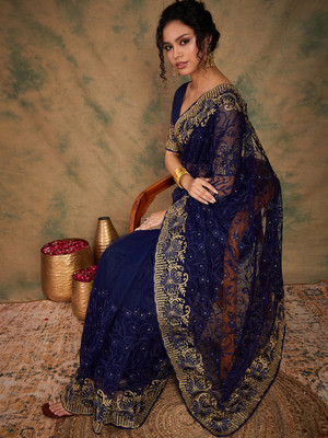 Sangria Embroidered Kalamkari Net Saree(Dark Blue)