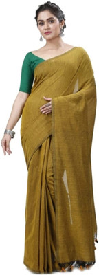 Radha Krishna Saree Solid/Plain Handloom Cotton Silk Saree(Yellow)