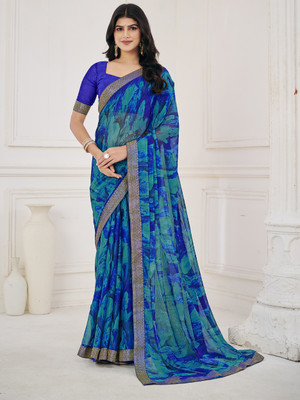 Divastri Floral Print Bollywood Chiffon Saree(Light Blue)