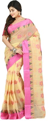 crochetin Woven Tant Handloom Pure Cotton Saree(Pink, Beige)