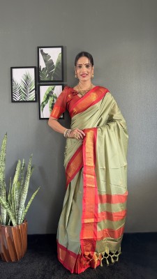 Aika Woven Kanjivaram Cotton Silk Saree(Light Green, Red)