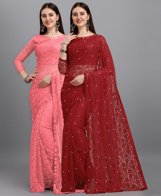 LOROFY Self Design Bollywood Net Saree(Pack of 2, Maroon, Pink)