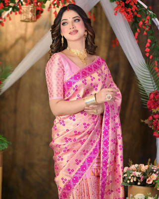 Garbguru Woven Mekhela Chador Pure Silk Saree(Pink)