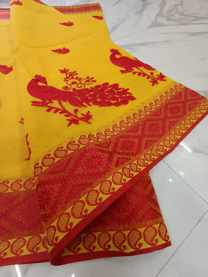 Priyongboda Printed Tant Handloom Cotton Blend Saree(Yellow, Red)