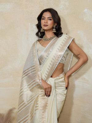 BFM Solid/Plain Bollywood Linen Saree(White)