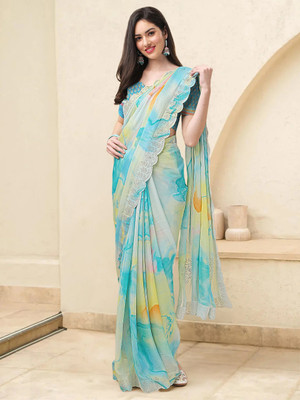 RekhaManiyar Printed Bollywood Chiffon Saree(Light Blue)