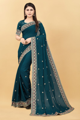 FluteFashion Embroidered Bollywood Georgette Saree(Green)