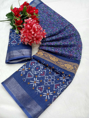 HouseOfCommon Printed Kanjivaram Cotton Linen, Linen Saree(Blue)