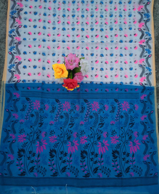 Ganesh plastic and industry Floral Print Daily Wear Silk Blend Saree(Blue, White)