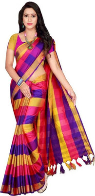 ROFOLO Solid/Plain Bollywood Cotton Silk Saree(Yellow)