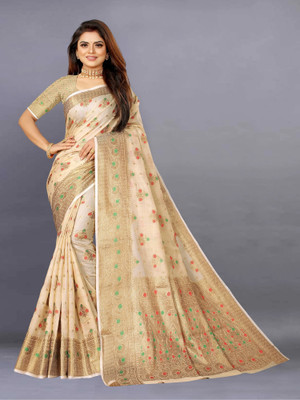 KV Fashion Woven Daily Wear Cotton Blend Saree(Beige)