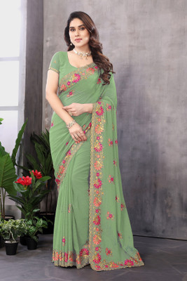 MIYANIFAB Embroidered Bollywood Georgette Saree(Light Green)