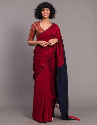 Maa kali saree center Color Block Handloom Cotton Silk Saree(Maroon, Dark Blue)