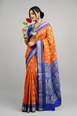 Sijileen Woven, Temple Border Sambalpuri Silk Blend Saree(Orange)