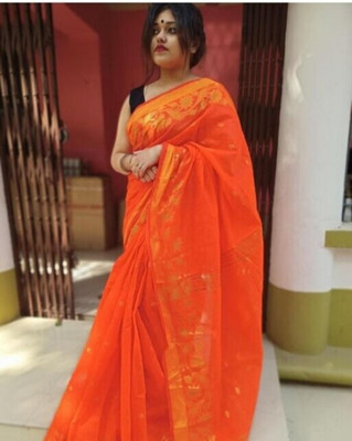 dassareeghar Self Design Tant Cotton Silk Saree(Orange)