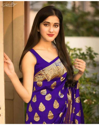 TRINITI FAB Woven, Embellished, Floral Print, Solid/Plain Kanjivaram Pure Silk, Art Silk Saree(Purple)