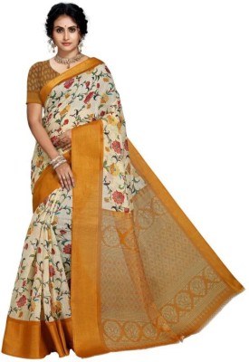 KANDORA Floral Print Chanderi Cotton Linen Saree(Yellow)