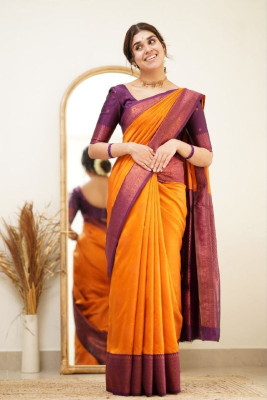 Visit Wear Solid/Plain Kanjivaram Art Silk Saree(Orange)