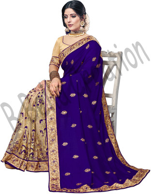 b bella creation Embellished, Embroidered Bollywood Art Silk, Net Saree(Blue, Cream)