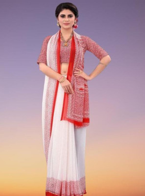 WILLMAKE Printed Bollywood Georgette Saree(Red, White)