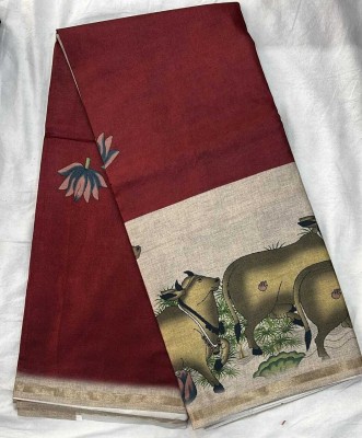 Shree Sarathi Interational Digital Print Assam Silk Cotton Linen Saree(Maroon)