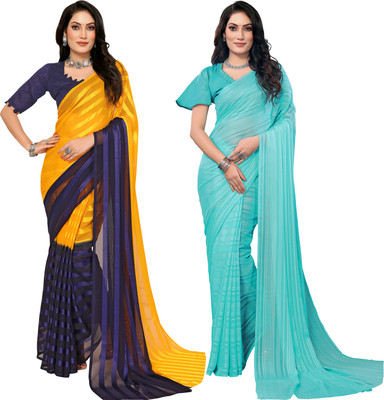 kashvi sarees Striped Bollywood Satin Saree(Pack of 2, Yellow, Blue, Light Blue)