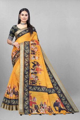 supalee tex Digital Print Bollywood Cotton Linen Saree(Gold)