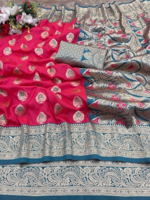 KanjiQueen Woven, Self Design Banarasi Silk Blend, Pure Silk Saree(Pink, Light Blue)