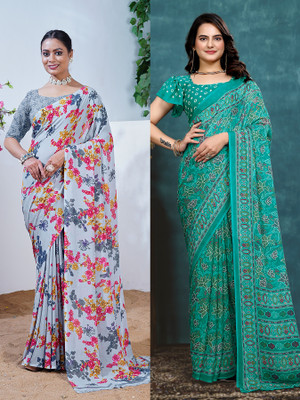 Kanooda Prints Printed Daily Wear Georgette Saree(Pack of 2, Black, Grey)