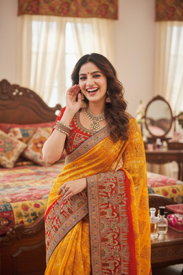 Drapasya Printed, Geometric Print, Embroidered, Floral Print Handloom Pure Silk Saree(Yellow)