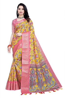 J6 Designers Printed Bollywood Cotton Silk Saree(Yellow)