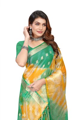 KOTHARI SST Woven Bandhani Organza Saree(Green)