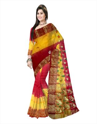 Pradip Fabrics Woven Tant Silk Blend Saree(Red, Yellow)