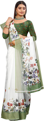 MAANVIT Printed Kanjivaram Pure Cotton, Chanderi Saree(White, Green)