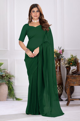 BINAKA FSHION Solid/Plain Bollywood Georgette Saree(Dark Green)