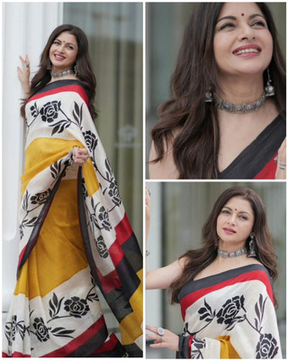 Radha Rani Prints Printed, Floral Print Bollywood Cotton Linen Saree(Multicolor)