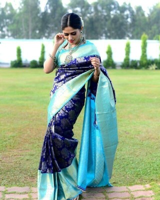 SKYWEAR EXPORT Woven Kanjivaram Jacquard, Pure Silk Saree(Blue)