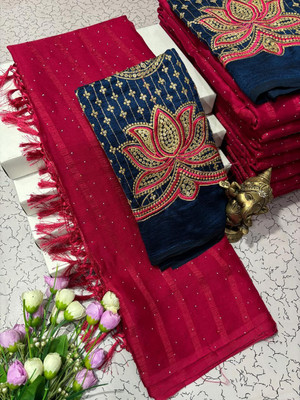 Pfancy silk Embellished, Embroidered, Floral Print, Striped, Self Design, Woven Kanjivaram Polyester Saree(Red)